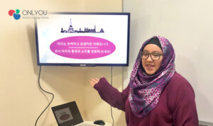 A woman practising speaking Korean language