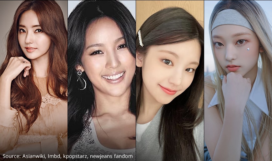 Collage image of Han Chae Young, Lee Hyo Ri, ITZY Yeji and New Jeans Haerin