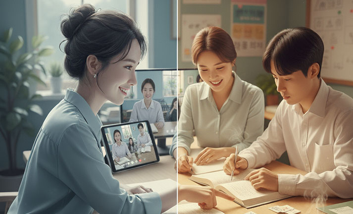Image illustrating the flexibility of private Korean classes, showing a native teacher engaging with students both online and in a traditional setting.