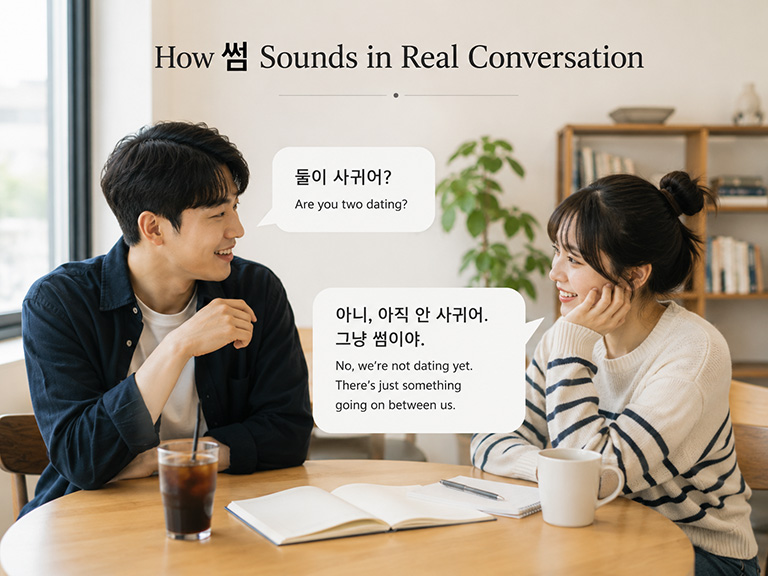 sseom-korean-dating-conversation-example Two friends chatting over coffee using the Korean dating expression sseom