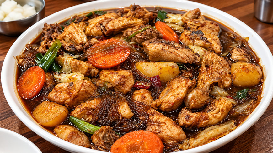 andong-jjimdak-braised-chicken Andong jjimdak with braised chicken, vegetables and glass noodles