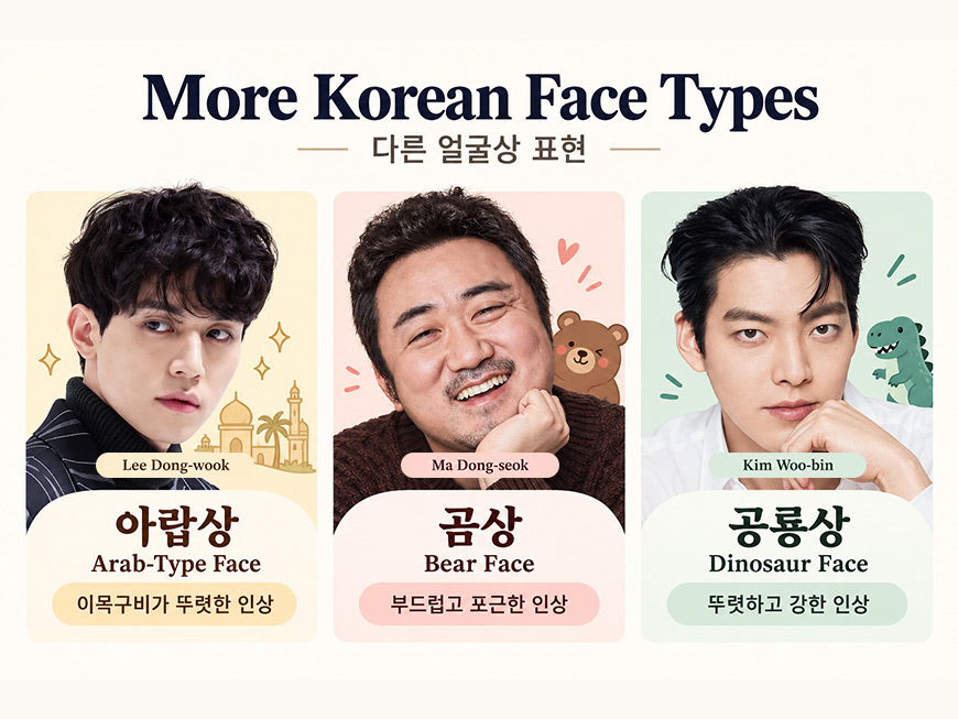 Korean face types infographic featuring Lee Dong-wook as 아랍상 (Arab-type face), Ma Dong-seok as 곰상 (bear face), and Kim Woo-bin as 공룡상 (dinosaur face).