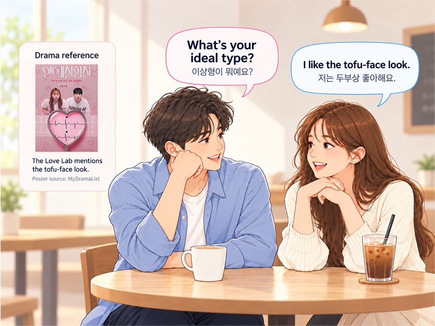 Two women discussing their ideal types in Korean, with a thought bubble showing a man with a tofu-face look (두부상).
