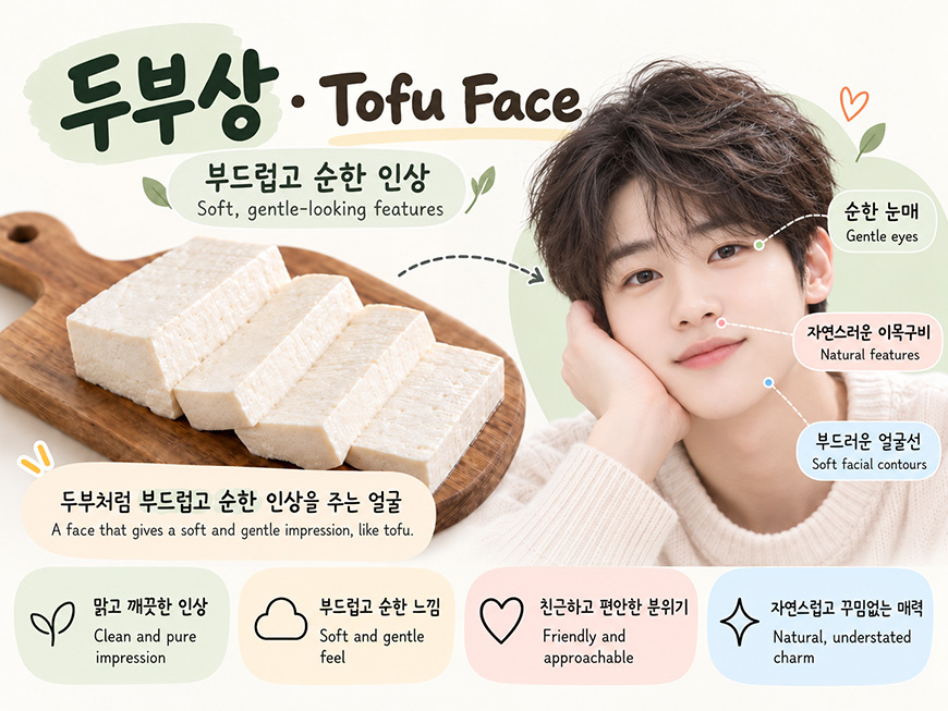 Illustration of Korean tofu face (두부상), comparing sliced tofu with a man showing gentle eyes, soft facial contours and natural features.